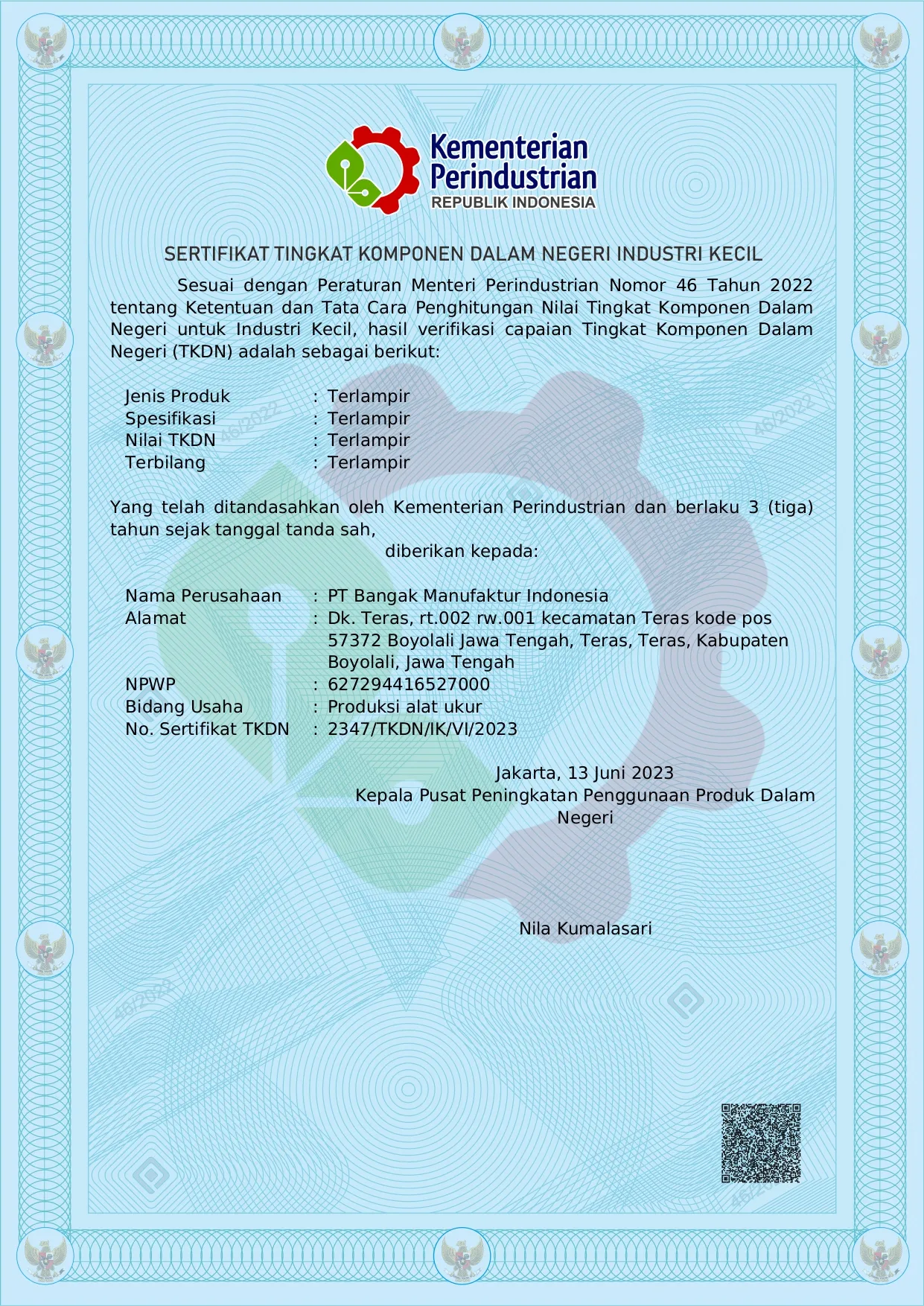 Sertifikat TKDN Alat Kalibrator Kesehatan - BANGMANINDO